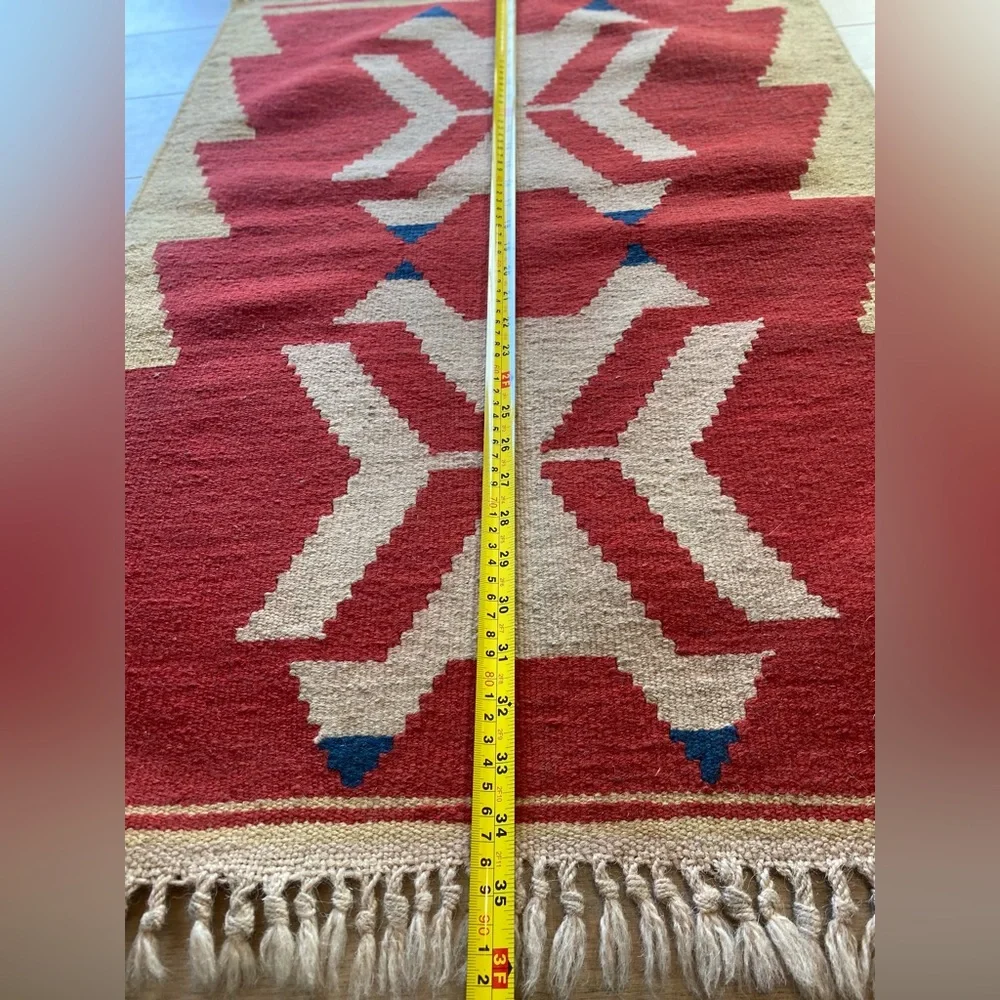 Turkish Kilim Wool Rug Flat woven 2X3 Ft Geometric Motif Red Cream Fringe VTG